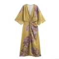 Women Mustard Yellow Floral Print Satin Midi Dress Elegant V-Neck Long Sleeve Knot Waist A-Line Dress For Party Commute Autumn Fashion