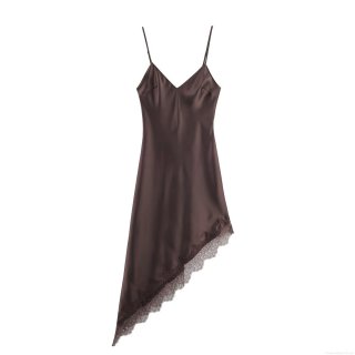 Women's Sexy Deep Brown Satin Slip Midi Dress With Lace Trim V-Neck Asymmetric Hem Autumn Sleeveless Evening Party Dress For Women