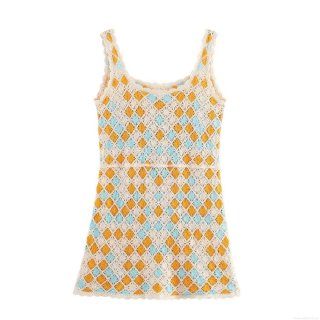 Women Sexy Boho Crochet Mini Dress Sleeveless U-Neck Hollow Out Knit Patchwork Sundress For Summer Vacation Beach Party