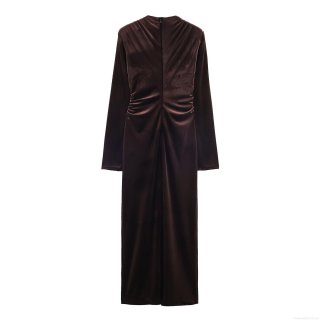 Elegant Women's V Neck Ruched Velvet Midi Dress Long Sleeve Slim Fit Pleated Bodycon Evening Party Cocktail Dresses For Women