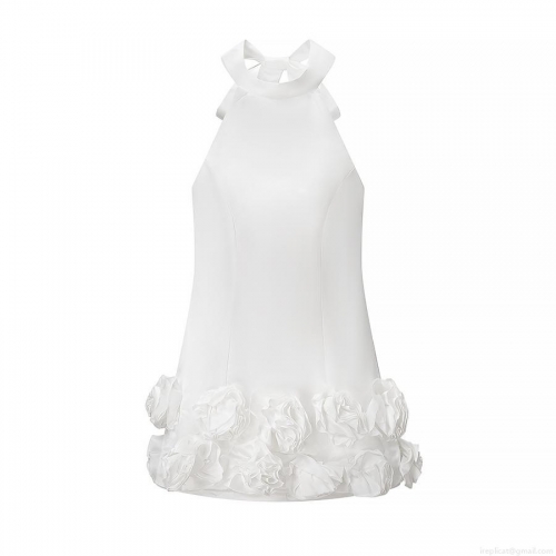 White Halter Neck Mini Dress With 3D Rose Flowers Elegant Satin Backless Bodycon Party Dress For Women Sexy Ruffle Hem Cocktail Clubwear
