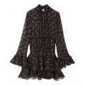 Women Floral Print Long Sleeve Mini Dress Chiffon Ruffle Stand Collar Tie Waist Bohemian Sweet Style Ladies Autumn Black Paisley Print Short Dress