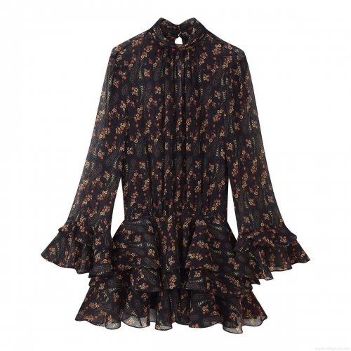 Women Floral Print Long Sleeve Mini Dress Chiffon Ruffle Stand Collar Tie Waist Bohemian Sweet Style Ladies Autumn Black Paisley Print Short Dress
