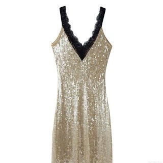 Women's Sexy Gold Sequin Cami Dress Elegant V-Neck Black Lace Splicing Midi Dress For Party Evening Clubwear Sleeveless Slim Fit Bodycon Gown
