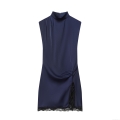 Elegant Navy Blue Satin Sleeveless High Neck Mini Dress With Black Lace Trim Side Slit Sexy Bodycon Party Cocktail Dress For Women