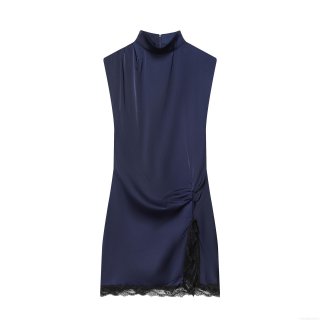 Elegant Navy Blue Satin Sleeveless High Neck Mini Dress With Black Lace Trim Side Slit Sexy Bodycon Party Cocktail Dress For Women