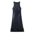 Women's Sexy Sequin Sleeveless Maxi Dress With Faux Fur Trim Backless Elegant Evening Party Celebrity Style Nightclub Sequin Polyester Long Dress