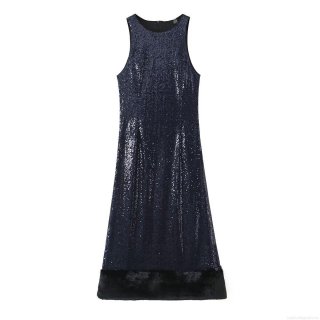 Women's Sexy Sequin Sleeveless Maxi Dress With Faux Fur Trim Backless Elegant Evening Party Celebrity Style Nightclub Sequin Polyester Long Dress