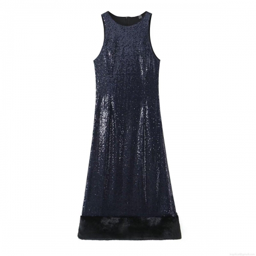 Women's Sexy Sequin Sleeveless Maxi Dress With Faux Fur Trim Backless Elegant Evening Party Celebrity Style Nightclub Sequin Polyester Long Dress