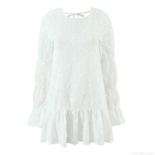 Elegant Women's White Cotton Embroidery Dress Fashion Floral Backless Long Sleeve V-Neck Mini Dress For Party Vacation Sexy Summer Dress