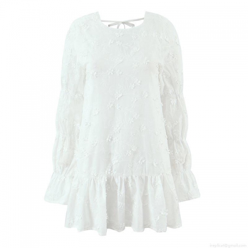 Elegant Women's White Cotton Embroidery Dress Fashion Floral Backless Long Sleeve V-Neck Mini Dress For Party Vacation Sexy Summer Dress