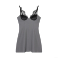 Women's Sexy Deep V-Neck Lace Patchwork Camisole Dress Grey Slim Fit Mini Party Dress Elegant Sleeveless Backless Nightclub Cocktail Dress