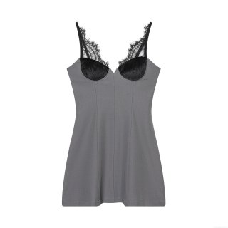 Women's Sexy Deep V-Neck Lace Patchwork Camisole Dress Grey Slim Fit Mini Party Dress Elegant Sleeveless Backless Nightclub Cocktail Dress