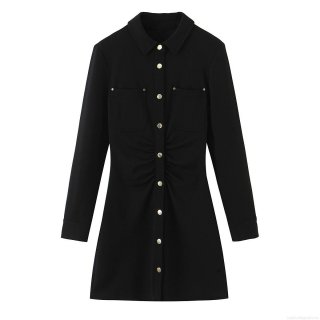 Elegant Black Polyester Spandex Shirt Dress For Women Gold Buttons Lapel Long Sleeve Slim Fit Mini Dress Office Party Evening Wear