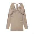 Sexy Backless Deep V-Neck Mini Dress For Women Long Sleeve Polyester Spandex Chic Elegant Slim Fit Party Night Out Dress Khaki