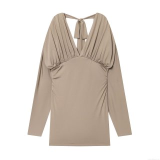 Sexy Backless Deep V-Neck Mini Dress For Women Long Sleeve Polyester Spandex Chic Elegant Slim Fit Party Night Out Dress Khaki