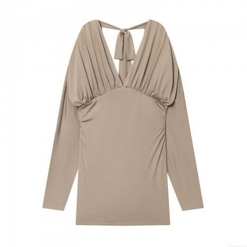 Sexy Backless Deep V-Neck Mini Dress For Women Long Sleeve Polyester Spandex Chic Elegant Slim Fit Party Night Out Dress Khaki
