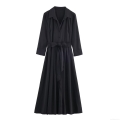 Women's Elegant Black Long Sleeve Shirt Dress Polyester Spandex Lapel Neck Tie Waist Button Down A-Line Midi Dress For Office Daily Casual