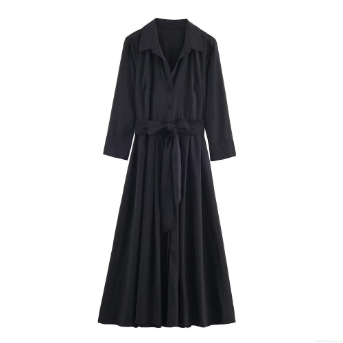 Women's Elegant Black Long Sleeve Shirt Dress Polyester Spandex Lapel Neck Tie Waist Button Down A-Line Midi Dress For Office Daily Casual