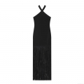 Women's Sexy Halter Neck Backless Fringe Maxi Dress Elegant Solid Color Sleeveless Tassel Bodycon Dress For Evening Party Clubwear