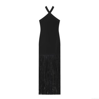Women's Sexy Halter Neck Backless Fringe Maxi Dress Elegant Solid Color Sleeveless Tassel Bodycon Dress For Evening Party Clubwear
