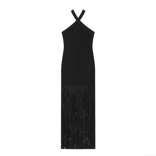 Women's Sexy Halter Neck Backless Fringe Maxi Dress Elegant Solid Color Sleeveless Tassel Bodycon Dress For Evening Party Clubwear