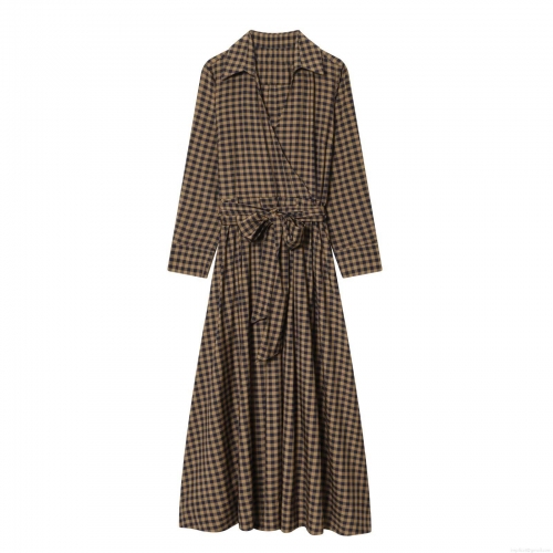 Women Fashion Plaid Long Sleeve Shirt Dress Winter Casual Checkered A-Line Maxi Dress With Waist Tie Brown Gingham Long Dress For Ladies