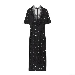 Women Sexy Lace Patchwork Floral Print V-Neck Short Sleeve Maxi Dress Polyester Spandex Slim Fit Bodycon Long Dress For Party Evening Wedding Dating Elegant Vintage Dresses