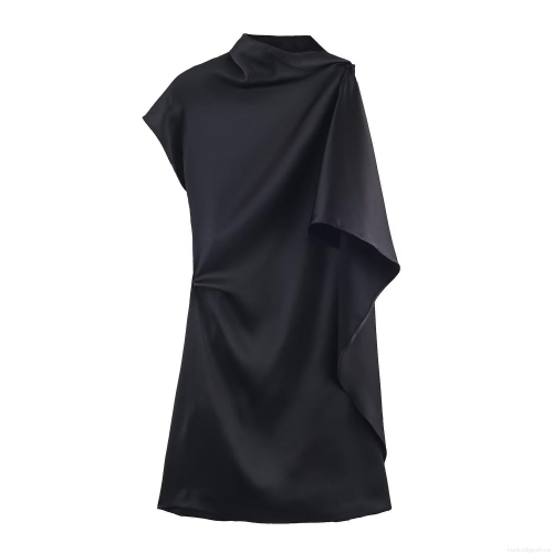 Women Elegant Asymmetric Satin Mini Dress Sexy Hollow Out One Shoulder Side Drape Dress Luxury Black Polyester Spandex Bodycon Party Dress