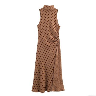 Women's Retro Polka Dot Midi Dress High Neck Bow Tie Sleeveless Pleated Elegant Slim Fit A-Line Evening Party Dress