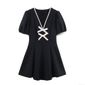 Women's Sweet V-Neck Mini Dress With Contrast Bow Detail Short Sleeve Polyester Spandex A-Line Dress For Party Dating Daily Casual Wear