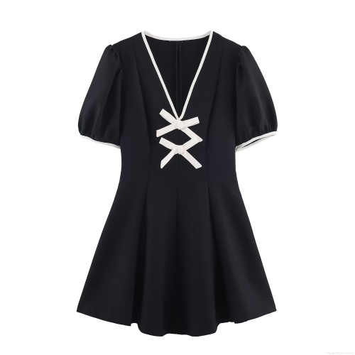 Women's Sweet V-Neck Mini Dress With Contrast Bow Detail Short Sleeve Polyester Spandex A-Line Dress For Party Dating Daily Casual Wear