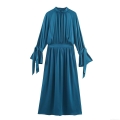 Elegant Peacock Blue Satin Midi Dress For Women Mock Neck Long Sleeve With Bow Tie Cuffs Solid Color Silk Texture A-Line Party Commuter Dress
