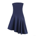 Sexy Strapless Denim Dress Women Asymmetric Ruffle Hem Back Zipper Bodycon Midi Dress Dark Blue Nightclub Party Fashion Lady Outfits