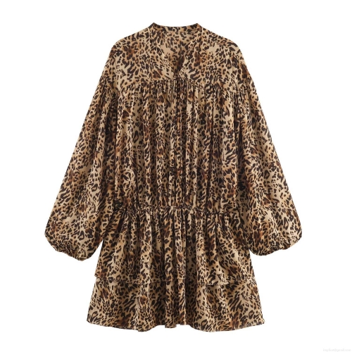 Women's Fashion Leopard Print Chiffon Dress V-Neck Long Sleeve Layered Ruffle Mini Dress High Waist Casual Party Dating Fashion Outfit