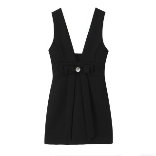Women Deep V Neck Sleeveless Mini Dress Elegant Black Slim Fit High Waist Dress With Bow Rhinestone Decoration For Party Club Wear