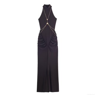 Sexy Women's Halter Neck Maxi Dress With Golden Chain Detail Slim Fit Backless Bodycon Evening Party Dress For Ladies Elegant Sleeveless Long Gown