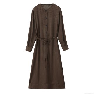 Women's Polka Dot Long Sleeve Midi Dress With Belt Elegant Round Neck Button Up Coffee Brown Woven Polyester Casual Office Dress For Ladies