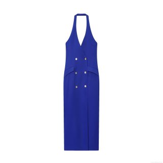 Women Sexy Backless Halter Neck Midi Dress Elegant Double Breasted Cross Design Suit Style Sleeveless High Waist A-Line Party Bodycon Dress Blue Ladies Evening Vestido