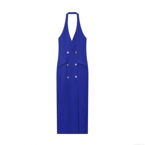 Women Sexy Backless Halter Neck Midi Dress Elegant Double Breasted Cross Design Suit Style Sleeveless High Waist A-Line Party Bodycon Dress Blue Ladies Evening Vestido