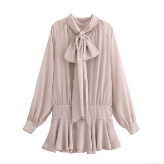 Women Elegant Chiffon Mini Dress Tie-Neck Bow Long Sleeve High Waist Ruffle Pleated Solid Color Party Dress