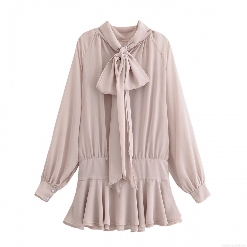 Women Elegant Chiffon Mini Dress Tie-Neck Bow Long Sleeve High Waist Ruffle Pleated Solid Color Party Dress