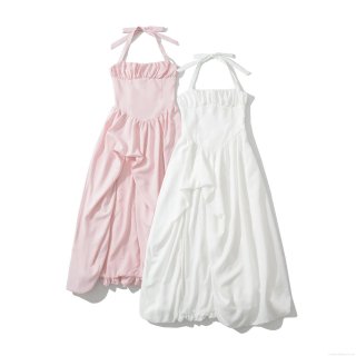 Women Sexy Halter Neck Tie Backless Midi Dress 100% Polyester Solid Color Pleated Bubble Hem Cocktail Party Evening Dress Sweet Style Dress For Women