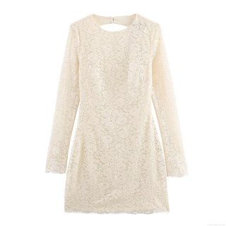 Women Sexy Backless Lace Mini Dress Elegant Long Sleeve Floral Hollow Out Bodycon Pullover Dress For Party Club Ladies