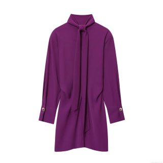 Women's Elegant Purple Long Sleeve Tie-Neck Mini Dress Crepe Polyester Fabric Loose Fit Short Dress For Party Dating Celebrity Style
