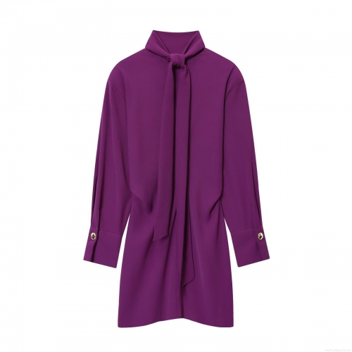 Women's Elegant Purple Long Sleeve Tie-Neck Mini Dress Crepe Polyester Fabric Loose Fit Short Dress For Party Dating Celebrity Style