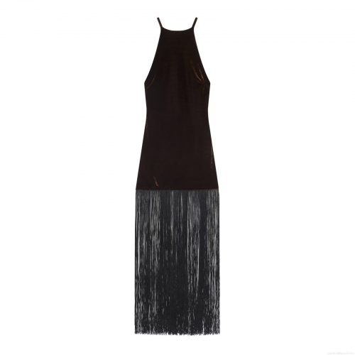 Sexy Halter Backless Velvet Maxi Dress with Long Tassel Fringe Evening Party Bodycon Dress for Women Luxury Clubwear Velvet Dress