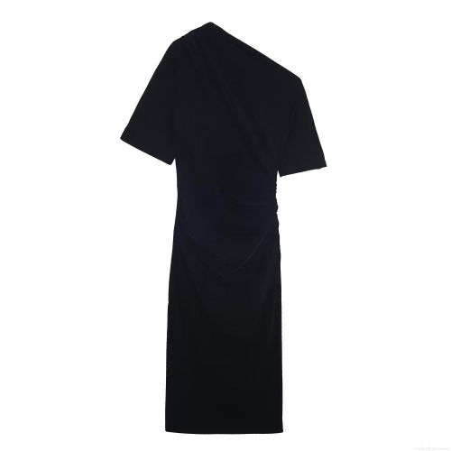 Women Sexy Off Shoulder Asymmetric Velvet Midi Dress Elegant Solid Color Slim Fit Bodycon One Shoulder Short Sleeve Party Dress