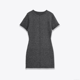 Women's Short Sleeve Knit Ribbed Mini Dress Round Neck Slim Fit Grey Bodycon Elegant Casual Solid Color Short Dress For Lady Daily Wear