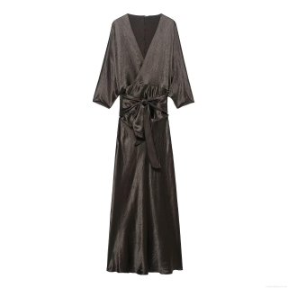 Elegant Satin V-Neck Midi Dress With Waist Tie Long Sleeve A-Line Solid Color Bronze Coffee Party Evening Dress For Women